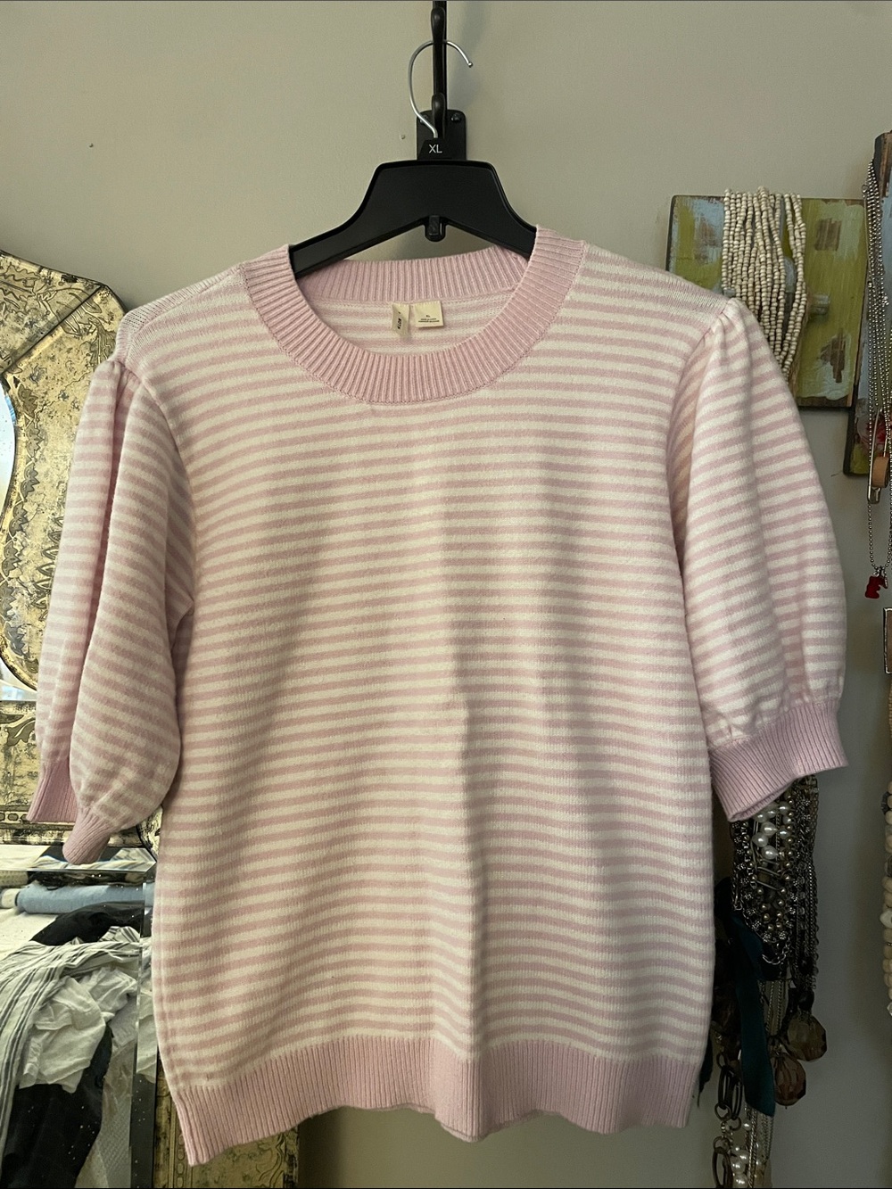 Anthropologie Moth Pastel Pink & White Striped Crewneck Sweater